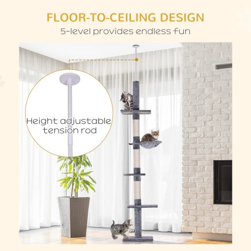9-Foot Adjustable Height Floor-to-Ceiling Cat Tree – Multi-Level Climbing Tower with Scratching Posts & Perches