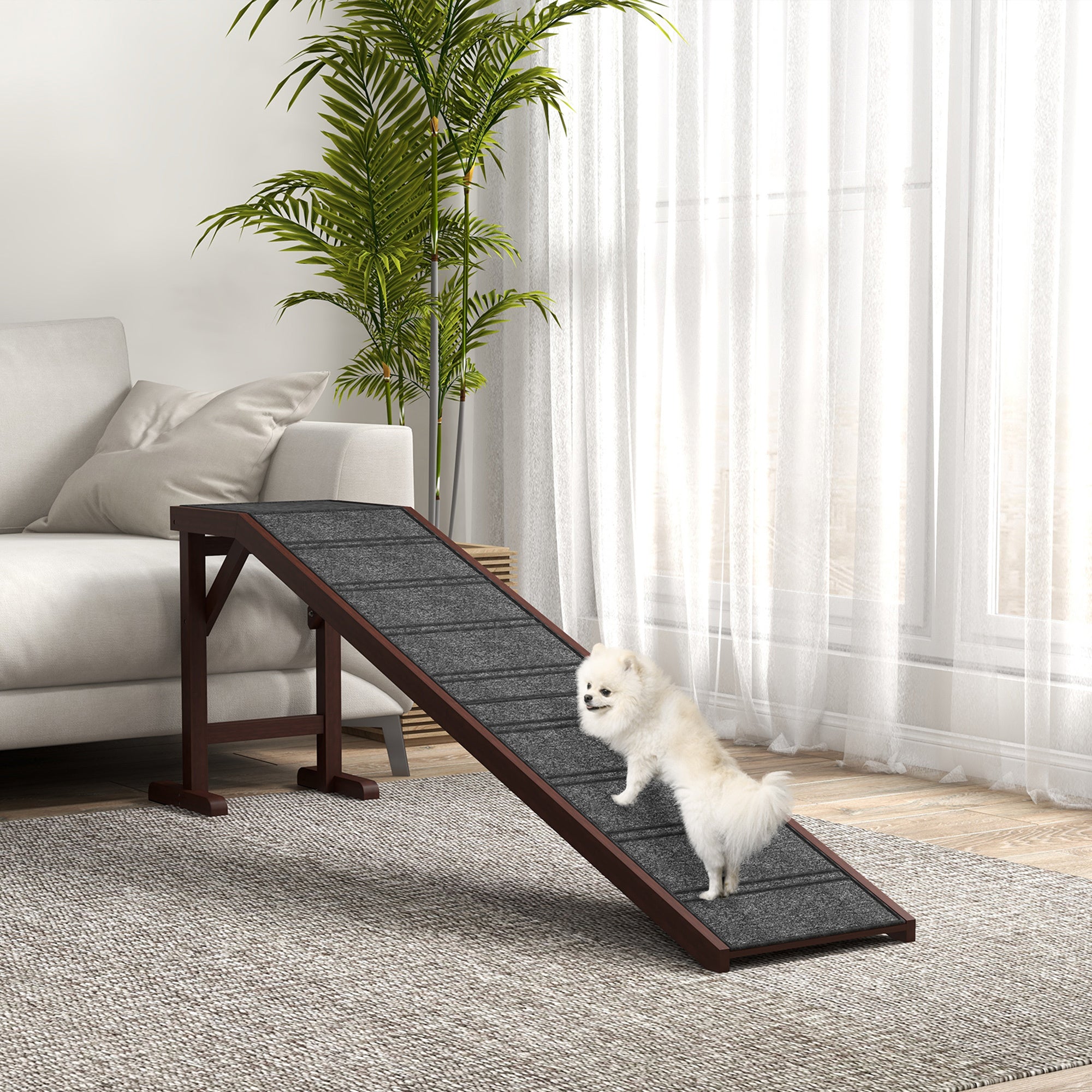 Pet Ramp for Dogs with Non-Slip Carpet & Top Platform – Pine Wood, 74" × 16" × 25"