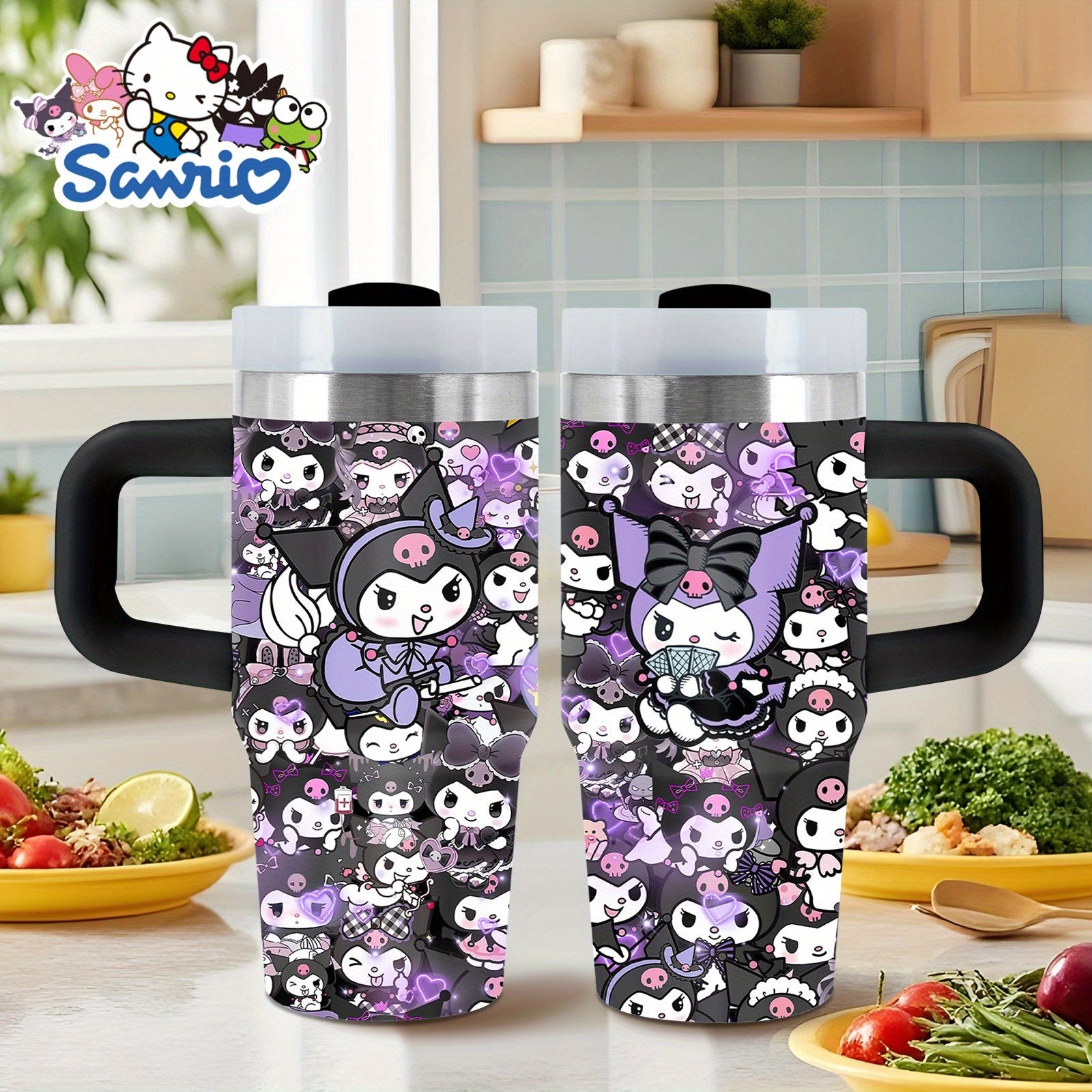 Sanrio Kuromi 14 oz Stainless-Steel Insulated Water Bottle with Handle & Straw – BPA-Free, Perfect Gift for Family & Friends