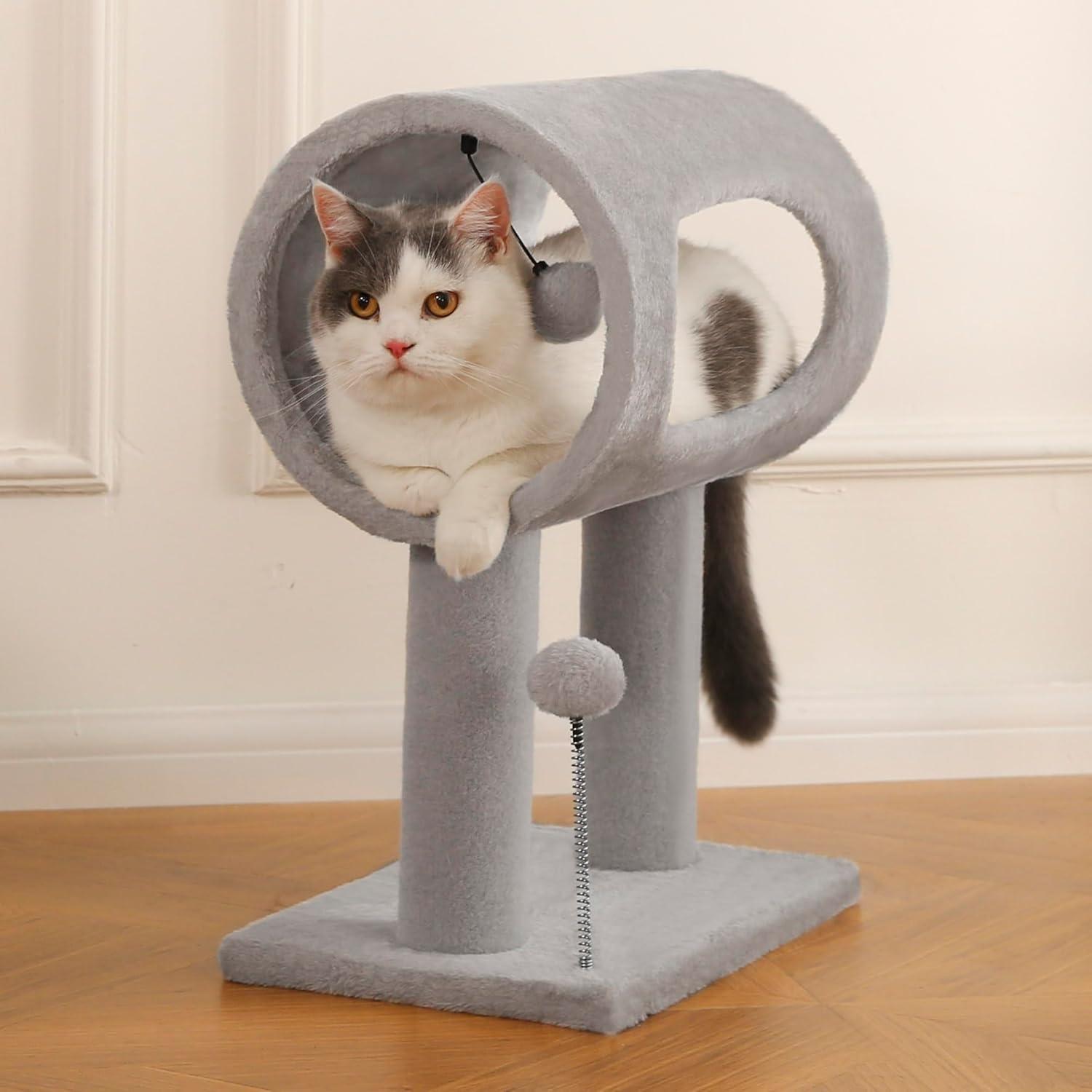 Gray Indoor Cat Tree – 20.5″ Climbing Tower with Scratching Post, Tunnel Bed & Hanging Ball Toy