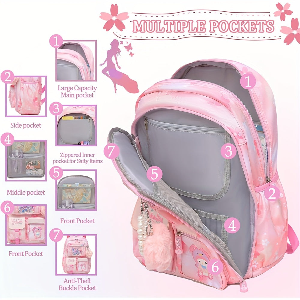 Hello Kitty Student Backpack Set – Pink Large Capacity Backpack, Pendant & 2 Badges + Stationery Set