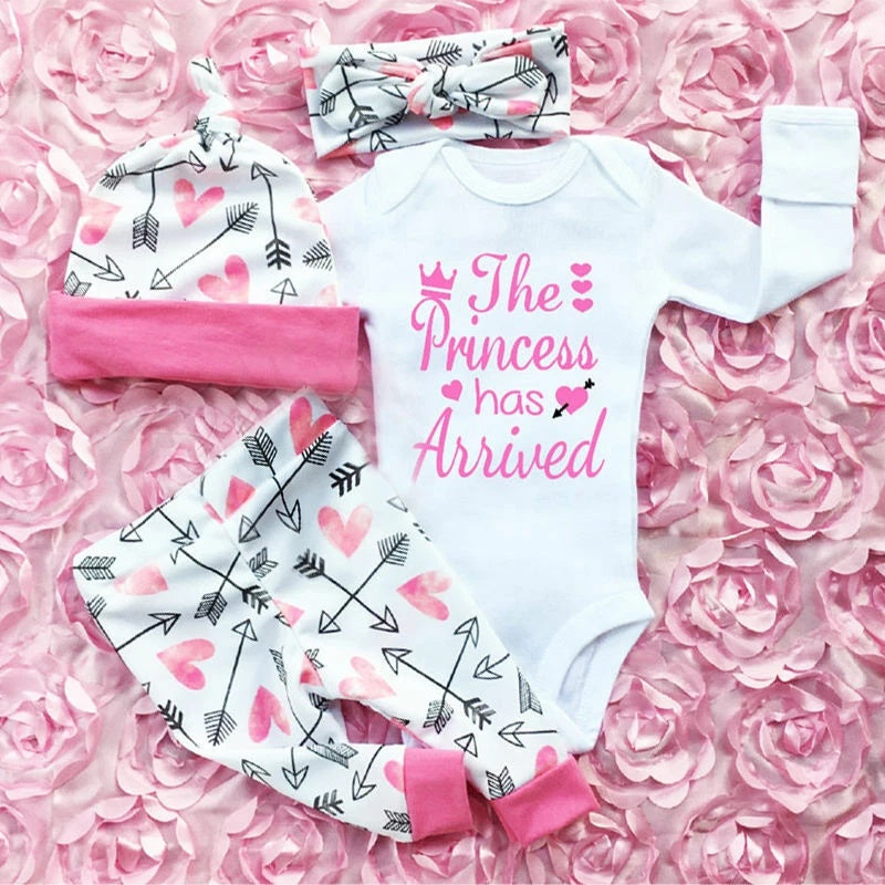 4Pcs Newborn Baby Girl Outfit Set – Romper, Bodysuit, Floral Pants & Matching Headband | Infant Clothes
