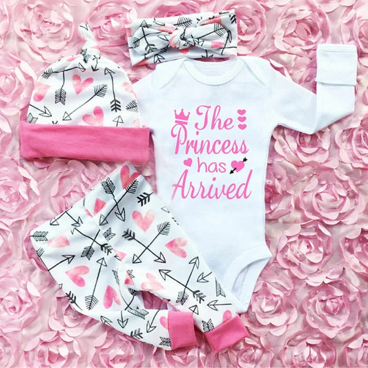 4Pcs Newborn Baby Girl Outfit Set – Romper, Bodysuit, Floral Pants & Matching Headband | Infant Clothes