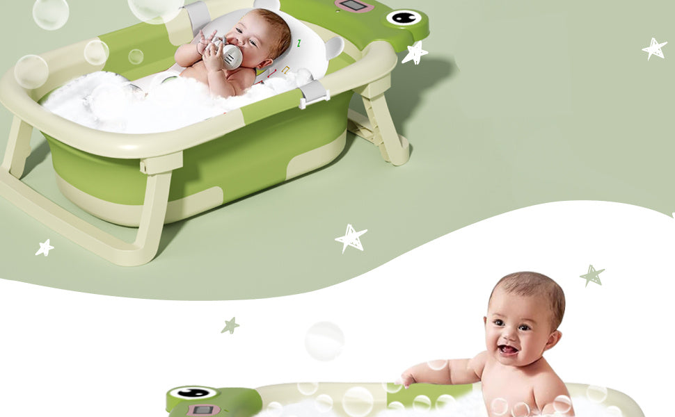 Collapsible Baby Bathtub with Cushion & Thermometer – Foldable Portable Tub (Green)