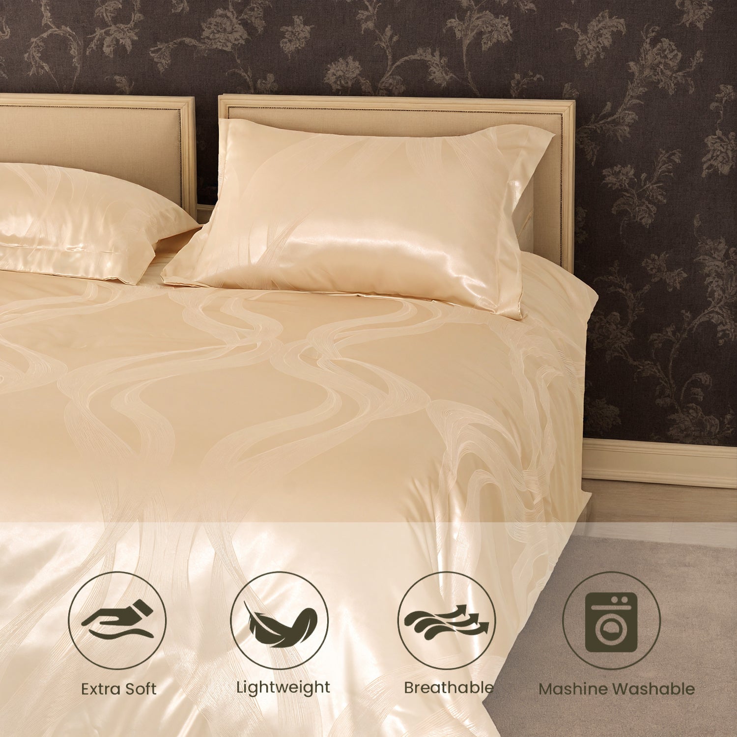 Luxurious Satin Microfiber Bedding Set – Double-Sided Jacquard Italian-Style Gold with Ultra-Shine, 3-Piece King-Size Quilt Cover & Pillowcase, Machine-Washable