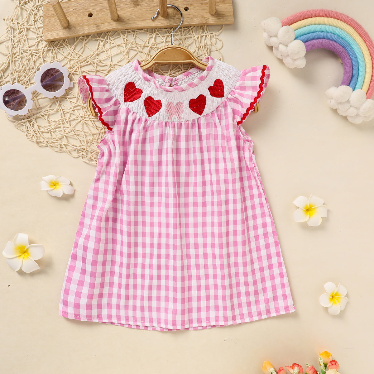 Baby Girl Valentine’s Day Dress – Pink Plaid Outfit with Heart Embroidery & Ruffle Sleeves