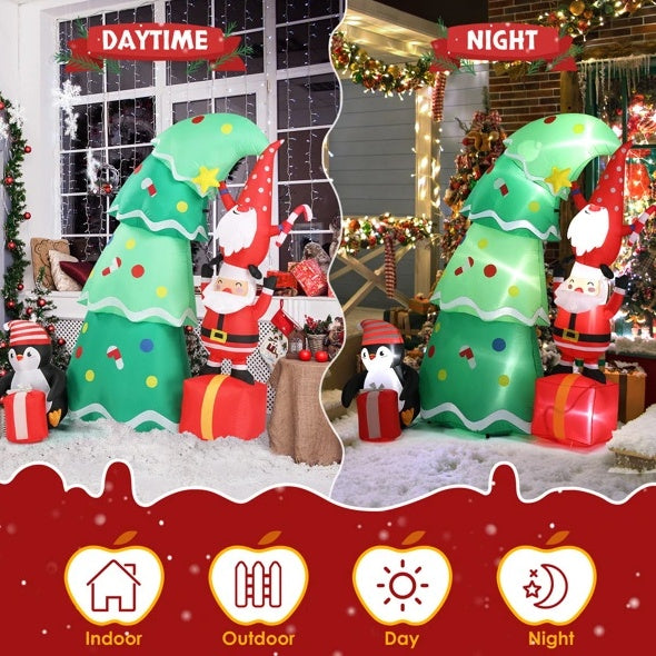6-Ft Inflatable Christmas Tree with Elf & Santa – Lighted Outdoor Holiday Decoration