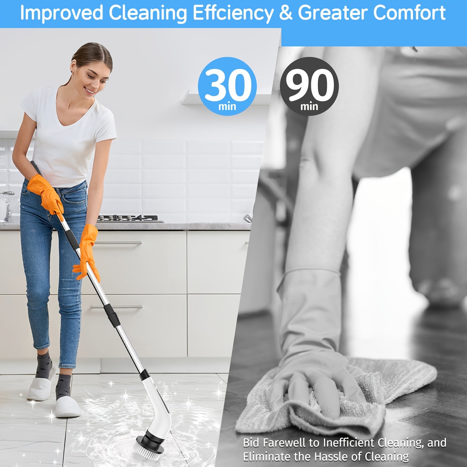 24 V Electric Spin Scrubber with Adjustable Handle & 8 Brush Heads – Adjustable Extension Handle, 2 Speed Settings for Bathroom, Kitchen, Car, Walls