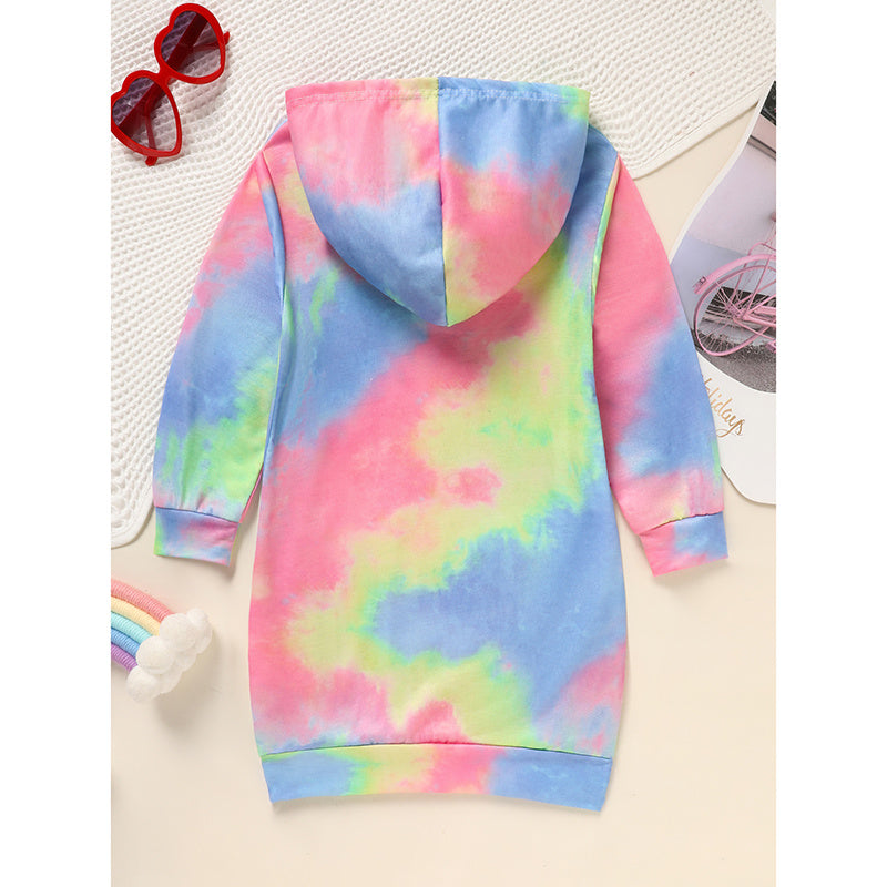 Toddler Girls Long Sleeve Tie-Dye Hooded Dress – Adorable & Comfortable Daily Wear for Kids
