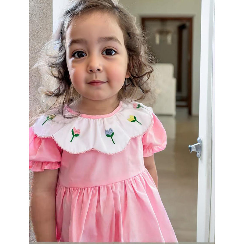 Toddler Baby Girl Spring Tulip Smocked Short Sleeve Dress with Lovely Tulip Embroidery – Princess Outfit