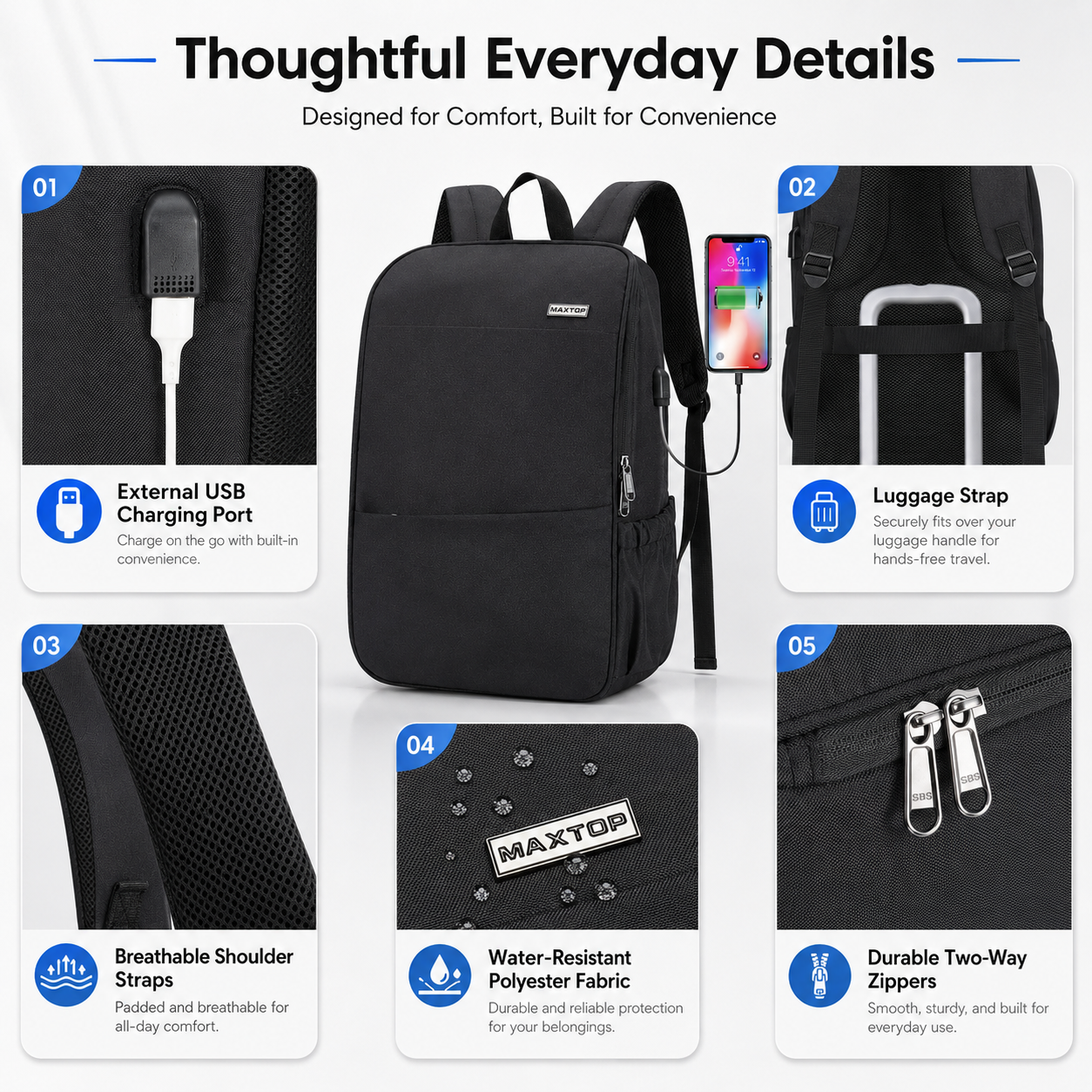 15.6-Inch Laptop Backpack with USB Charging – Water-Resistant Deep Storage Travel & Work Bag