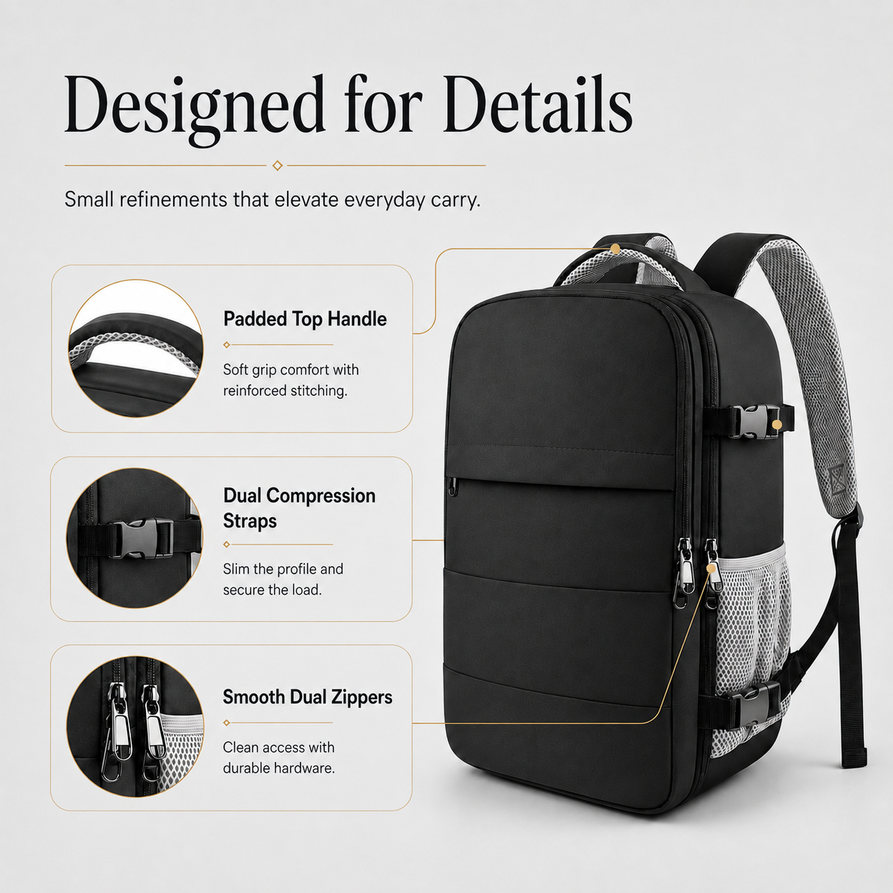 Flight-Approved Lightweight Travel Backpack with 15.6-Inch Laptop Compartment & Suitcase-Style Opening – Black