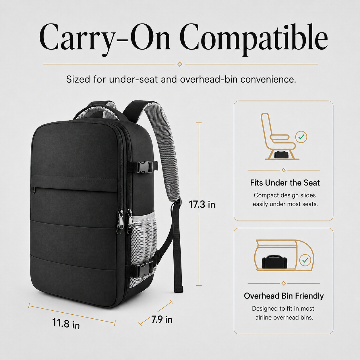 Flight-Approved Lightweight Travel Backpack with 15.6-Inch Laptop Compartment & Suitcase-Style Opening – Black