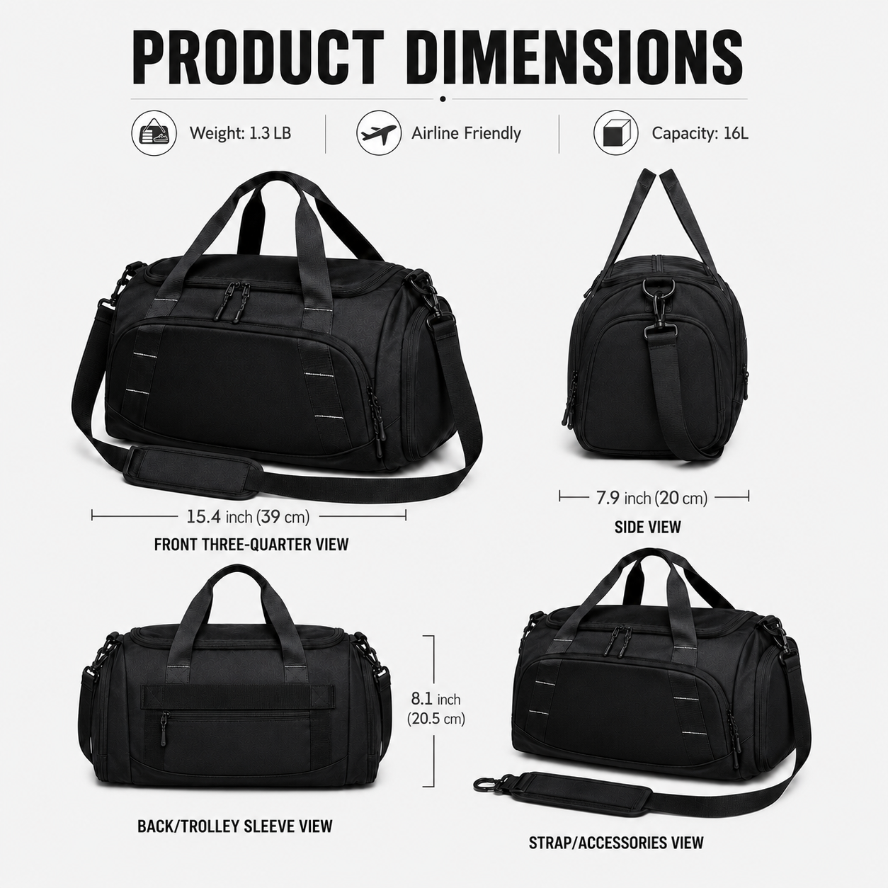 16L Compact Gym Duffle Bag with Shoe Compartment & Wet/Dry Pocket