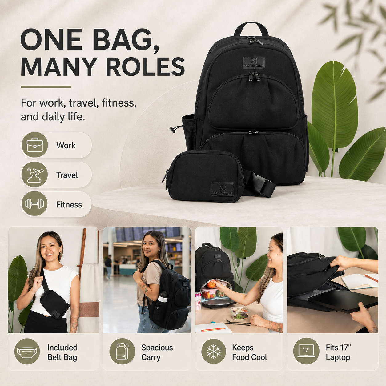 Women’s Insulated Lunch Backpack with 17” Laptop Compartment & Belt Bag