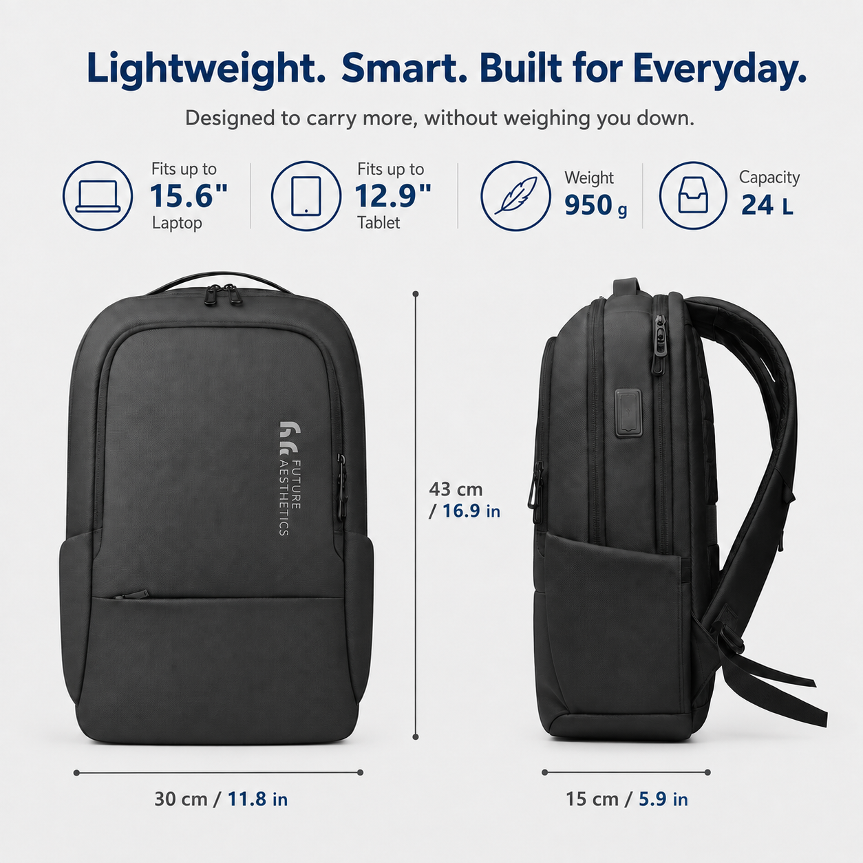 Slim 15.6" Laptop Backpack with USB Charging, Anti-Theft Pocket & Water-Resistant Business Design