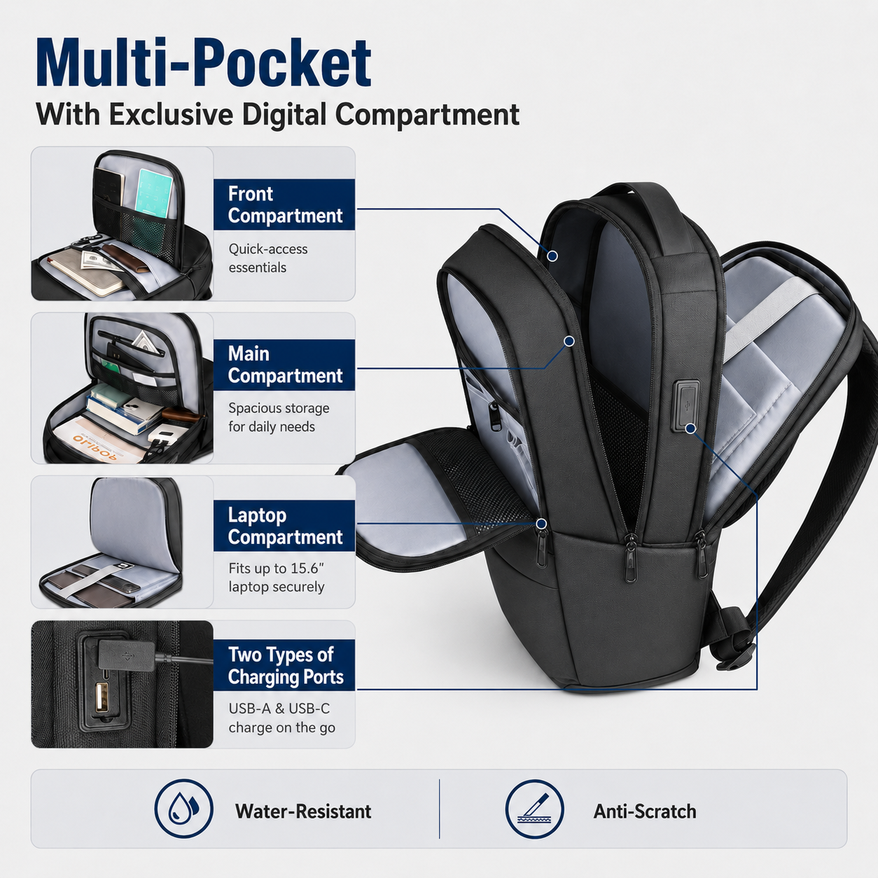 Slim 15.6" Laptop Backpack with USB Charging, Anti-Theft Pocket & Water-Resistant Business Design
