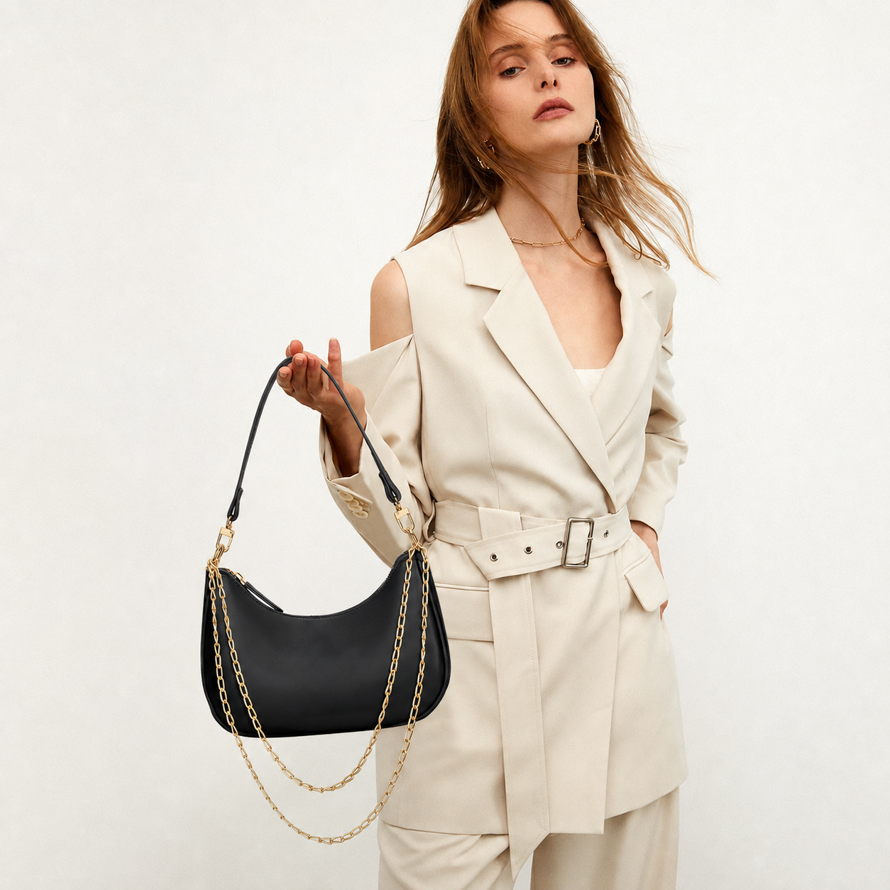 Elegant Black Hobo Shoulder Bag for Women – Convertible Crossbody Purse with Gold-Tone Details