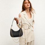 Elegant Black Hobo Shoulder Bag for Women – Convertible Crossbody Purse with Gold-Tone Details