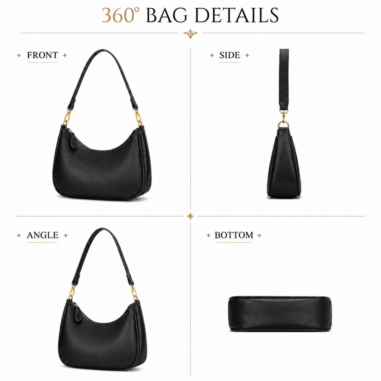Elegant Black Hobo Shoulder Bag for Women – Convertible Crossbody Purse with Gold-Tone Details