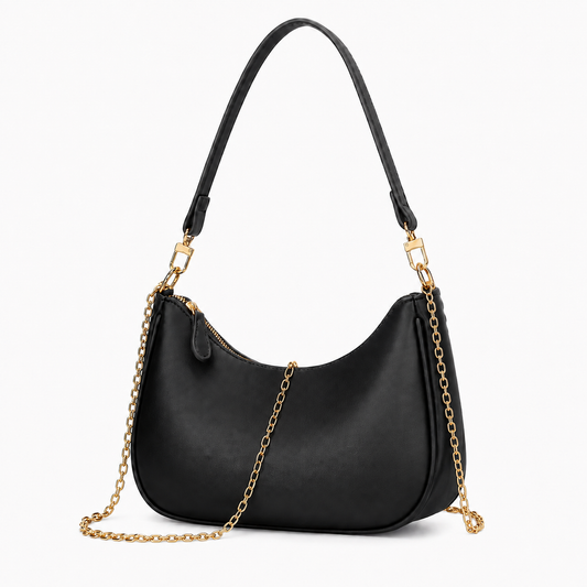 Elegant Black Hobo Shoulder Bag for Women – Convertible Crossbody Purse with Gold-Tone Details
