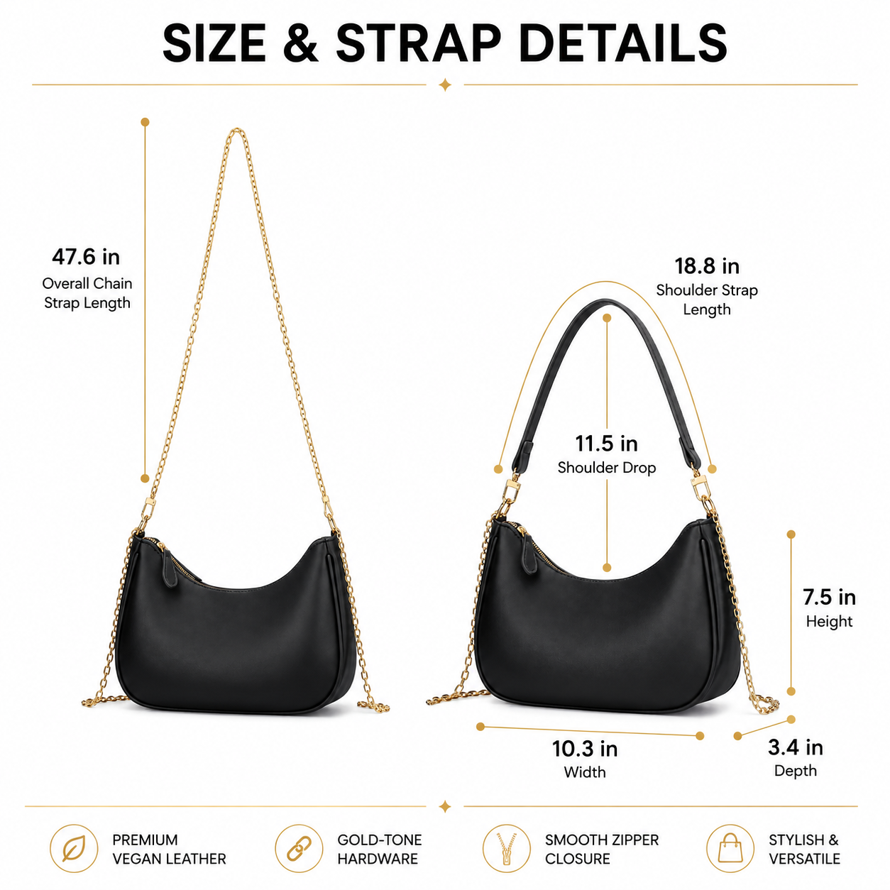 Elegant Black Hobo Shoulder Bag for Women – Convertible Crossbody Purse with Gold-Tone Details
