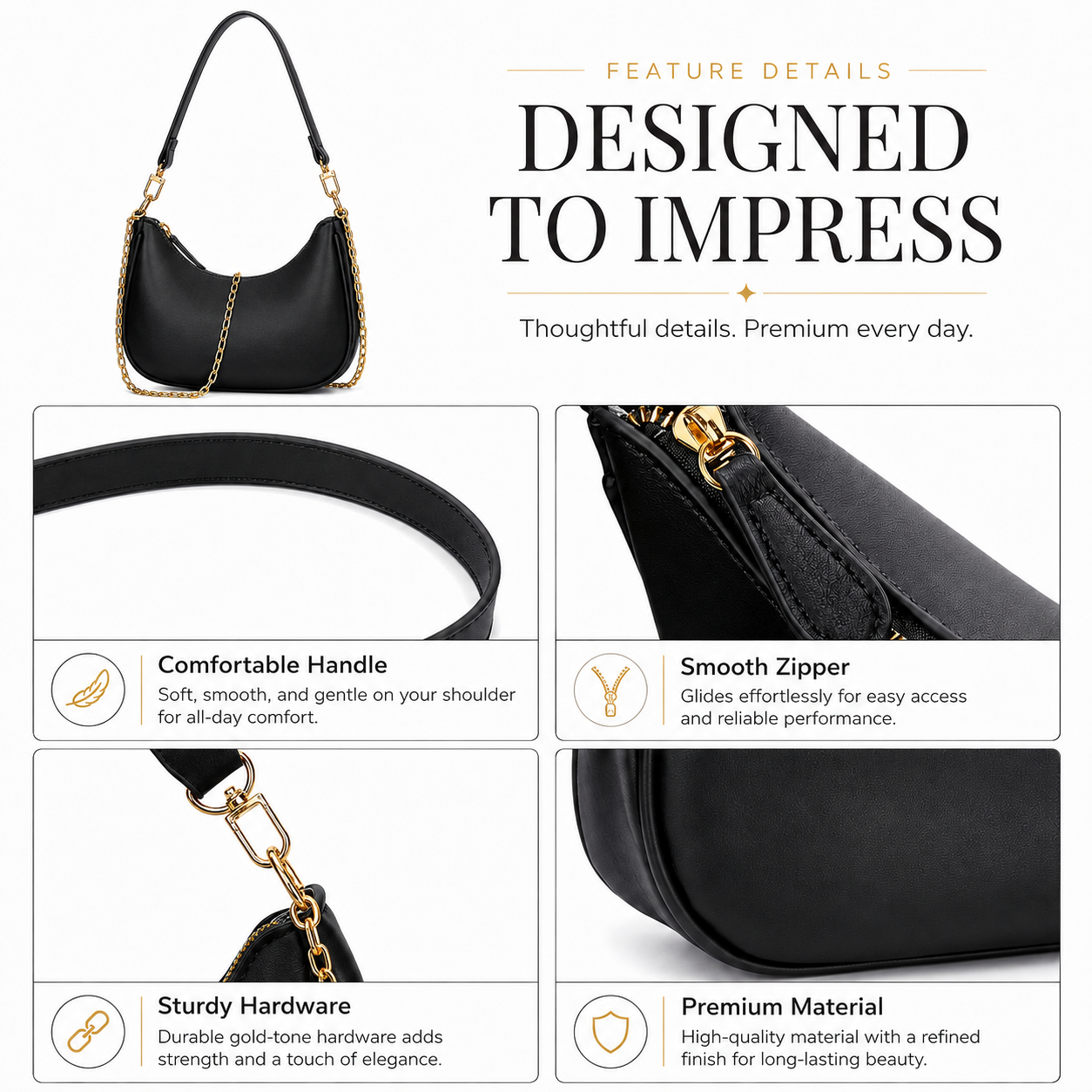 Elegant Black Hobo Shoulder Bag for Women – Convertible Crossbody Purse with Gold-Tone Details
