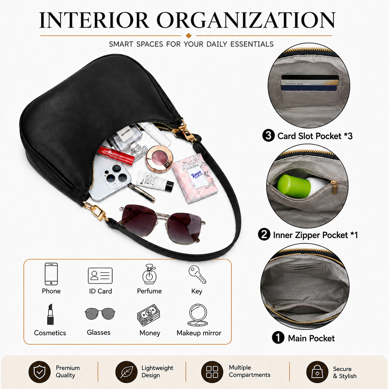 Elegant Black Hobo Shoulder Bag for Women – Convertible Crossbody Purse with Gold-Tone Details