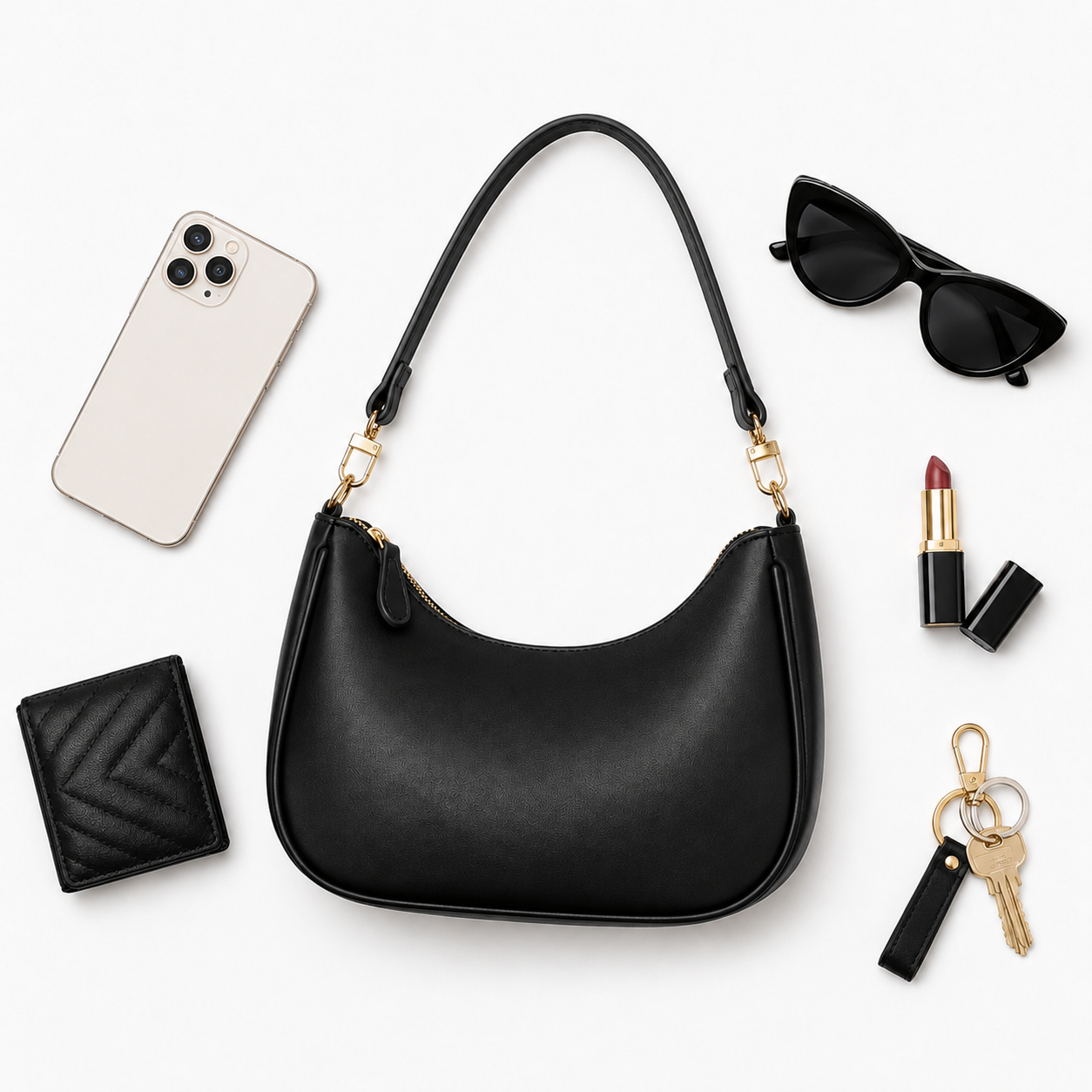 Elegant Black Hobo Shoulder Bag for Women – Convertible Crossbody Purse with Gold-Tone Details