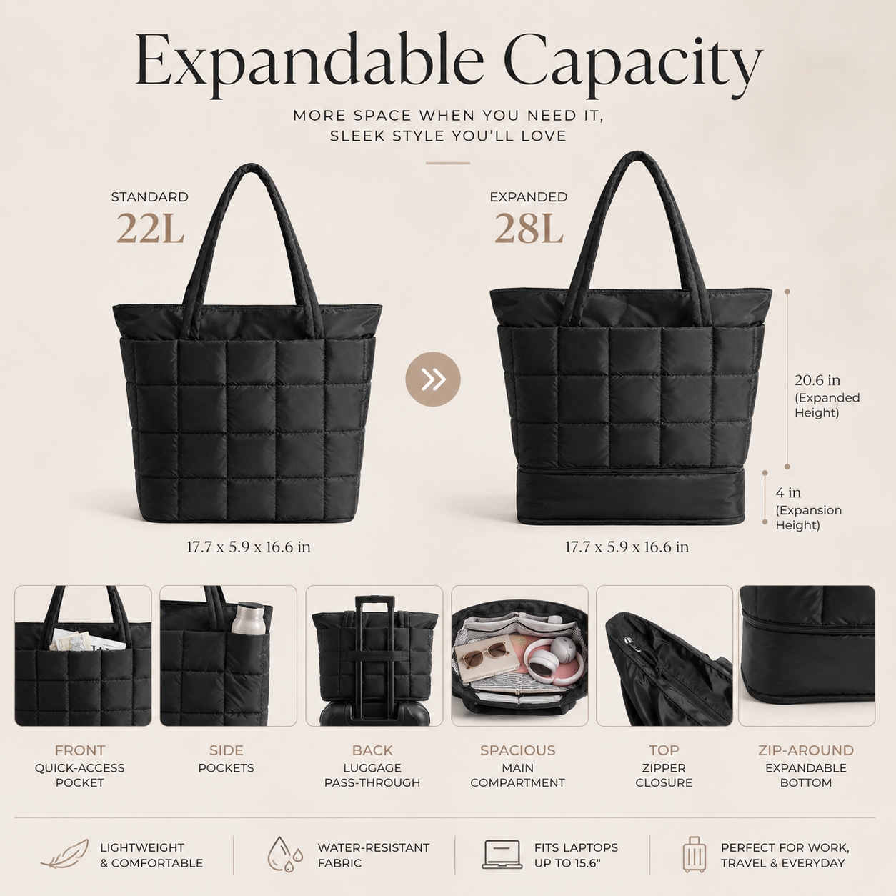 Expandable Puffy Tote Bag for Women – Quilted Laptop, Work & Travel Carry-On Tote