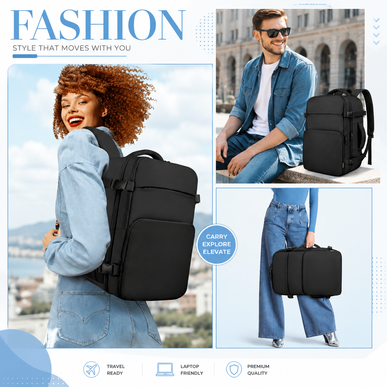 TSA-Friendly Carry-On Travel Backpack with 15.6-Inch Laptop Compartment & Wet Pocket – Black