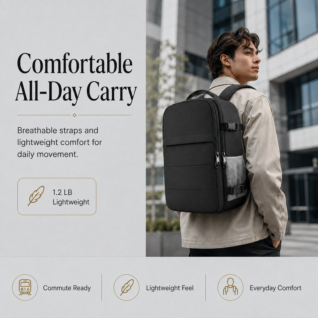 Flight-Approved Lightweight Travel Backpack with 15.6-Inch Laptop Compartment & Suitcase-Style Opening – Black