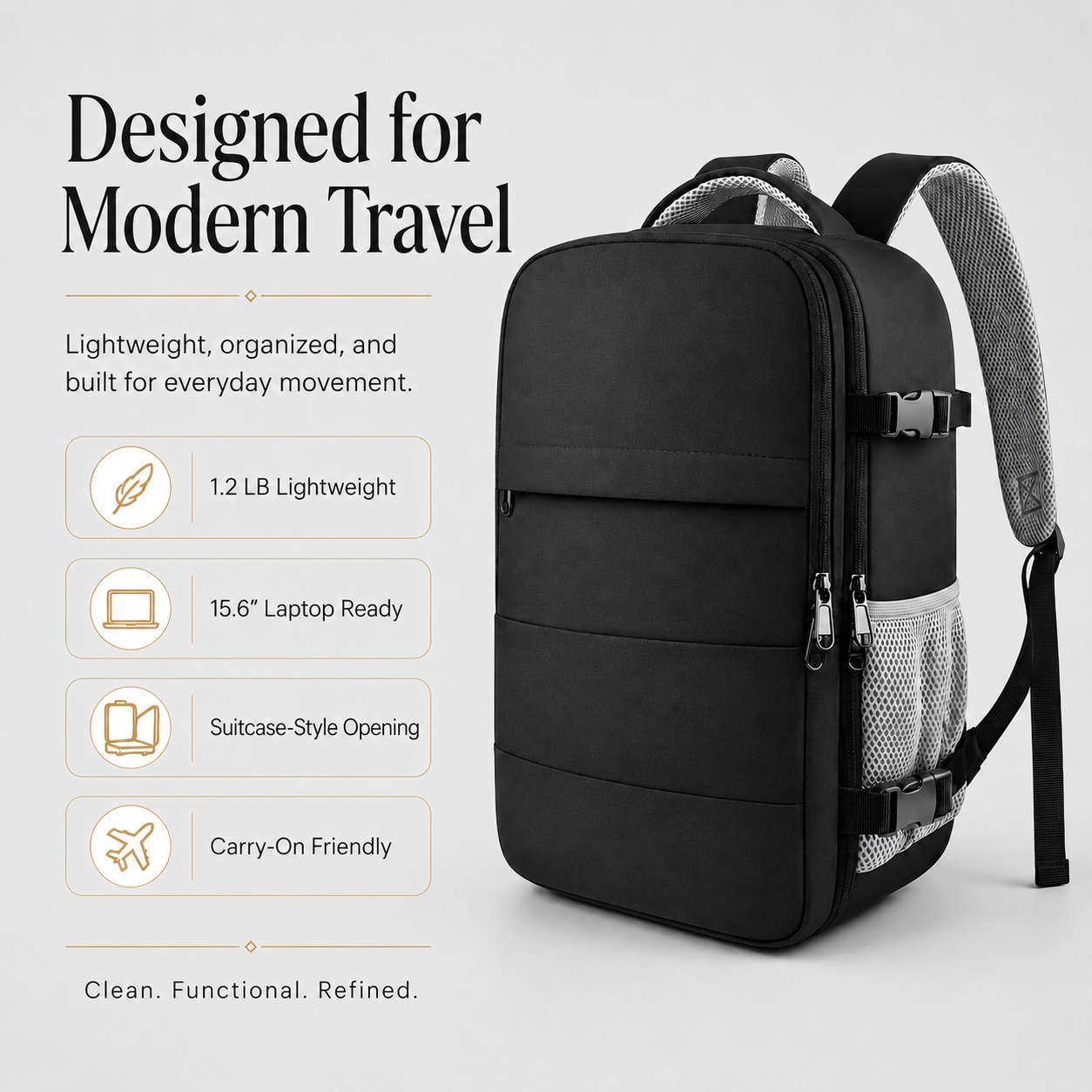 Flight-Approved Lightweight Travel Backpack with 15.6-Inch Laptop Compartment & Suitcase-Style Opening – Black