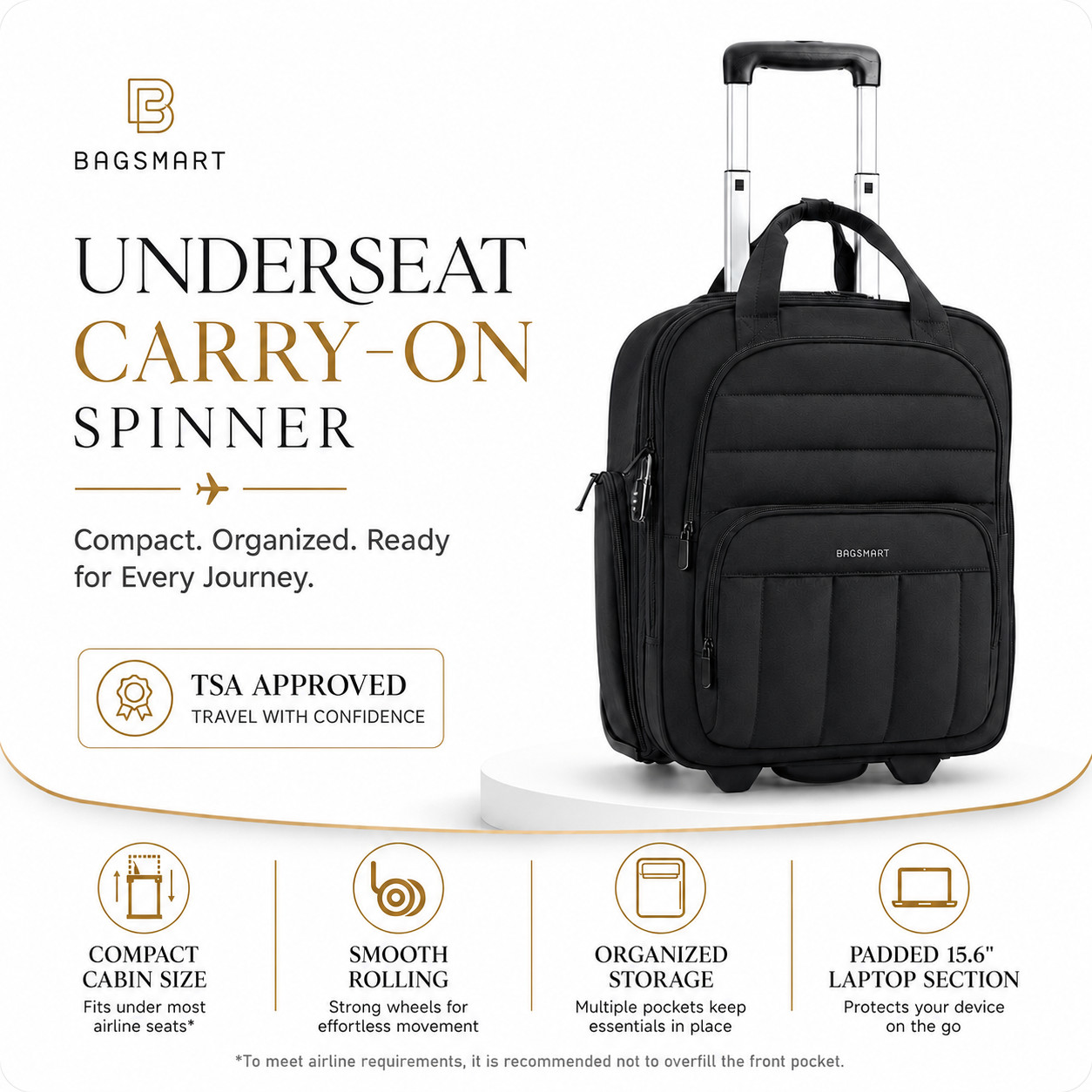 16-Inch Underseat Rolling Carry-On – Compact Travel Luggage with 15.6" Laptop Compartment