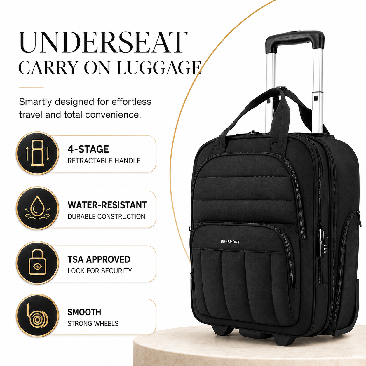16-Inch Underseat Rolling Carry-On – Compact Travel Luggage with 15.6" Laptop Compartment