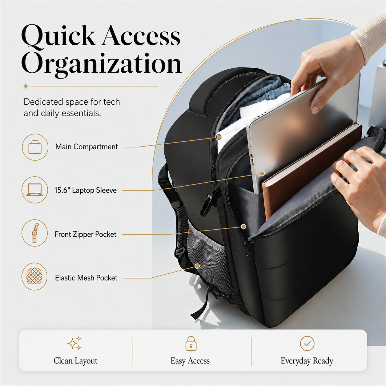 Flight-Approved Lightweight Travel Backpack with 15.6-Inch Laptop Compartment & Suitcase-Style Opening – Black