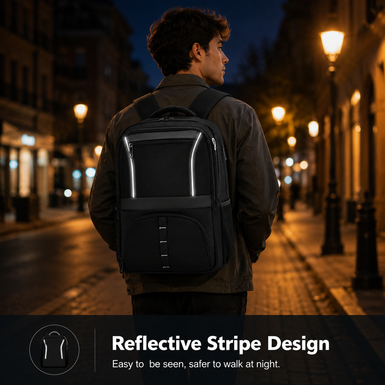 30L Reflective Travel Laptop Backpack with USB Port – Fits 17.3-Inch Laptops