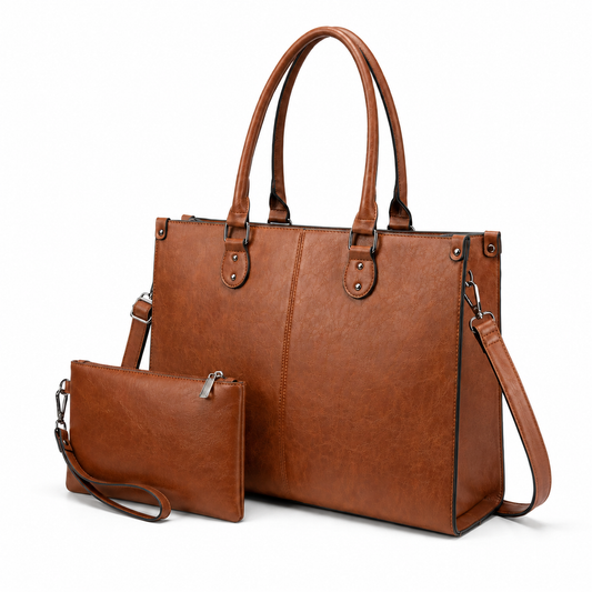 Vintage Brown 15.6-Inch Laptop Tote Bag for Women – Large Work & Business Handbag