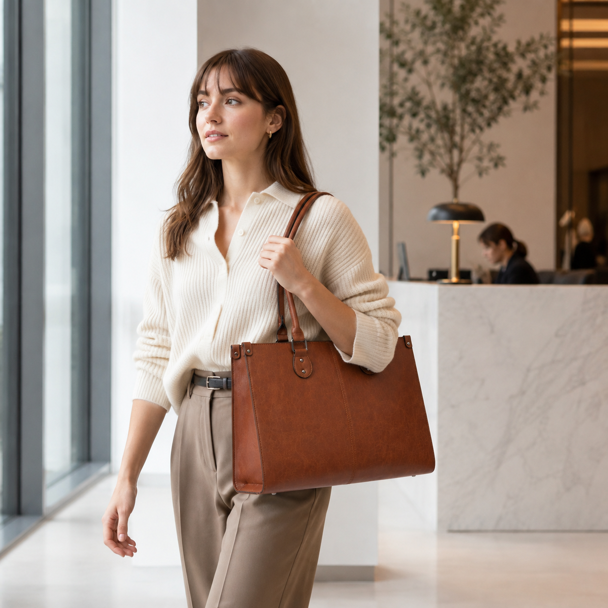 Vintage Brown 15.6-Inch Laptop Tote Bag for Women – Large Work & Business Handbag