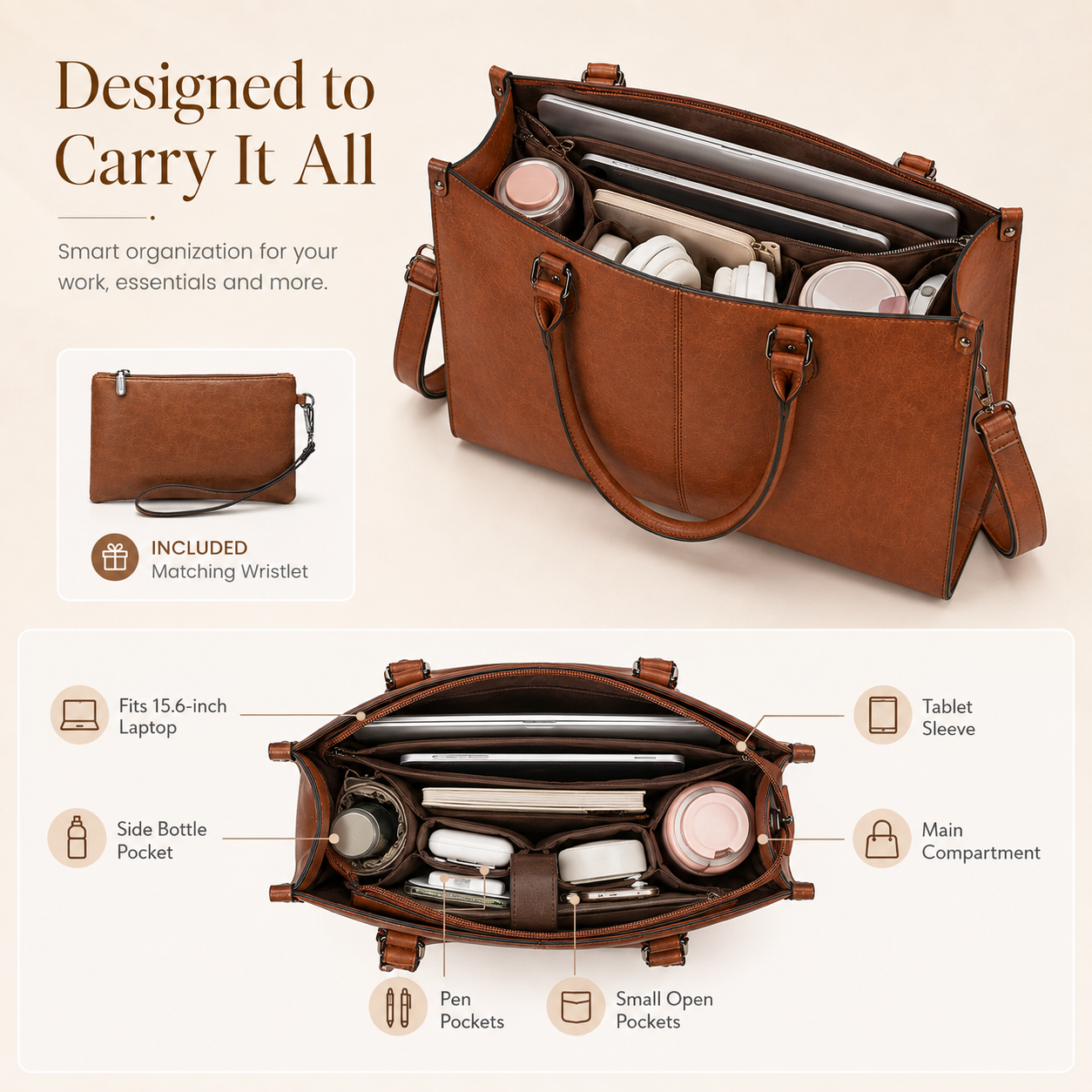 Vintage Brown 15.6-Inch Laptop Tote Bag for Women – Large Work & Business Handbag