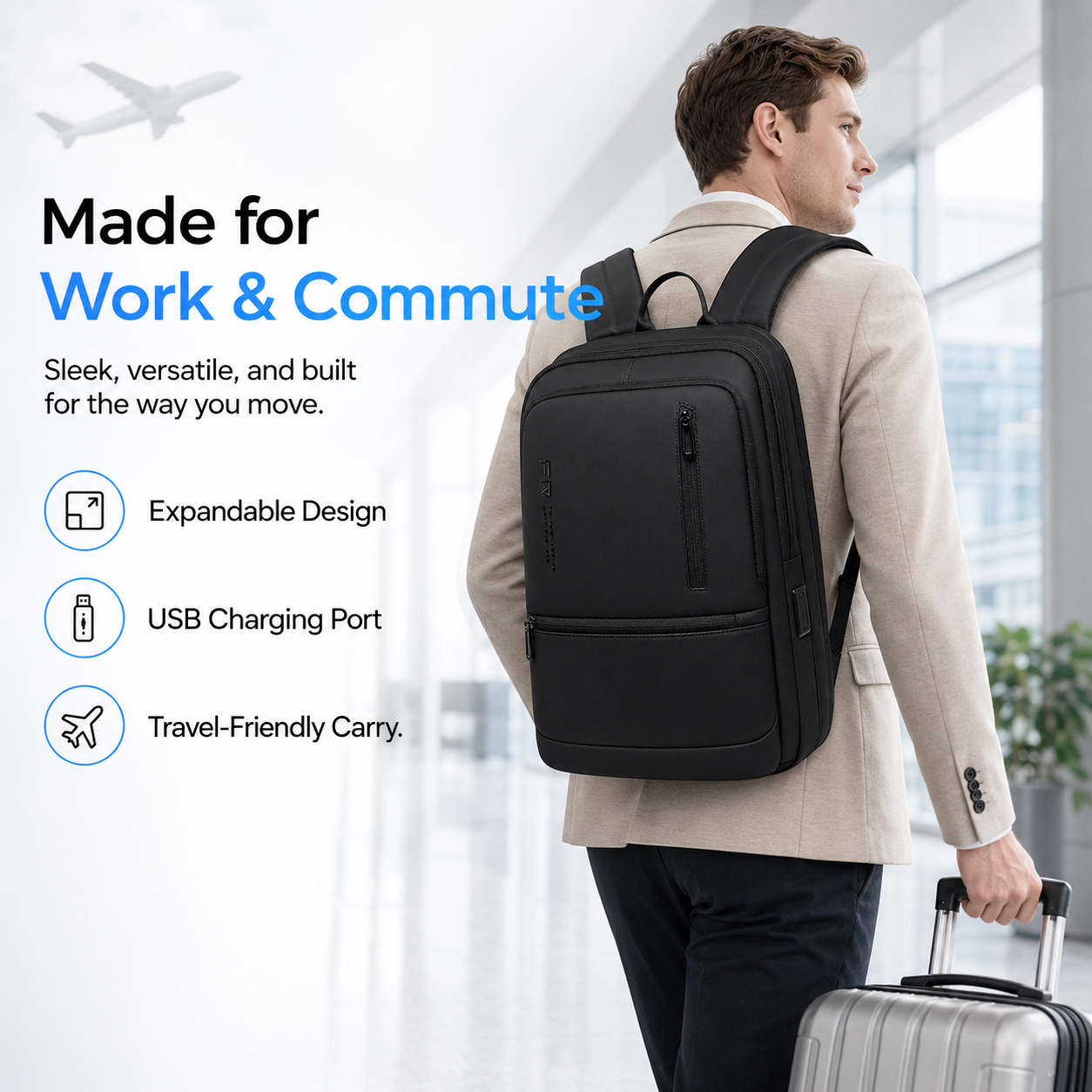 Expandable 15.6" Laptop Backpack – 12L–22L Business & Travel Bag with USB-C & USB-A Charging Ports