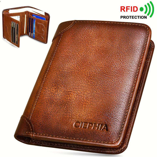 RFID Blocking Trifold Genuine Leather Wallets For Men, Top Layer Cowhide Vintage Short Multi Function Credit Card Holder, Money Clips With 2 ID Windows Valentine'S Day Gifts For Men - PulinGO
