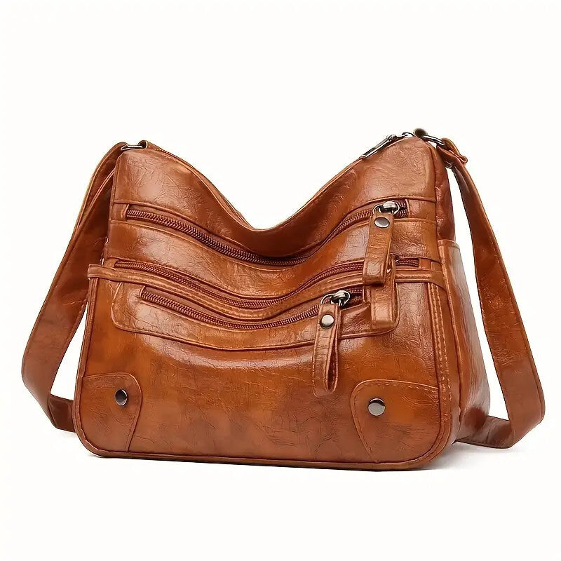 Women’s Large Capacity Shoulder Bag – Washed Leather Messenger with Multi Zipper Design