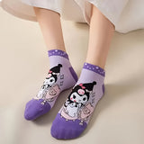 Sanrio Kuromi 5-Pack Women’s Cute Cartoon Short Socks – Bright Purple, Soft Polyester Blend, Spring-Summer-Fall Everyday