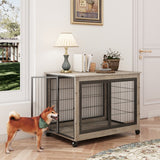 Furniture-Style Dog Cage – Grey Wooden Side Table with Wheels, Double Doors & Raised Top for Small & Medium Dogs