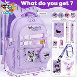 Kuromi Large-Capacity Backpack Set – Kids & Teens Bookbag + Coin Purse + Plush Charm + Stationery Set + Badge Bundle