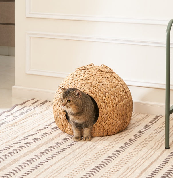 Weaving Rattan Circular Cat Bed – Handcrafted Round Pet Nest with Cushion, Breathable Design & Cozy Comfort