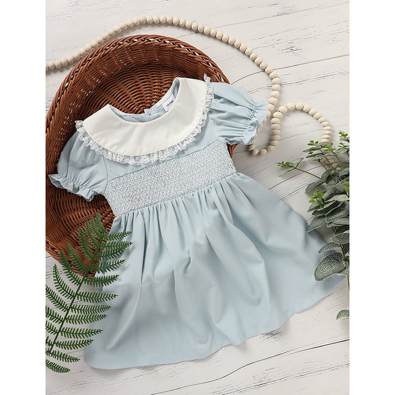 Toddler Girls Smocked Dress – Cute Puff Short Sleeve Princess Outfit with Lace Crew Neck, Elegant Party Dress for Birthdays & Special Occasions