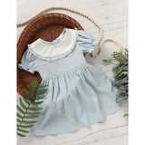 Toddler Girls Smocked Dress – Cute Puff Short Sleeve Princess Outfit with Lace Crew Neck, Elegant Party Dress for Birthdays & Special Occasions