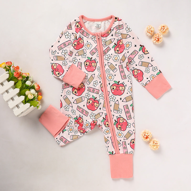 Adorable Infant Back-to-School Romper 🍎✏️ Apple & Pencil Print Long Sleeve Jumpsuit 👶